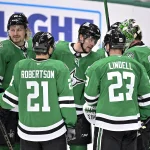 Feb 4, 2026; Dallas, Texas, USA; Dallas Stars center Roope Hintz (24) and defenseman Miro Heiskanen (4) and left wing Jason Robertson (21) and defenseman Esa Lindell (23) and goaltender Jake Oettinger (29) celebrate after the Stars defeat the St. Louis Blues at the American Airlines Center.