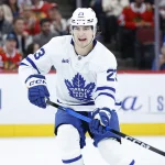 Nov 15, 2025; Chicago, Illinois, USA; Toronto Maple Leafs left wing Matthew Knies (23) reacts during the first period at United Center. Mandatory Credit: Kamil Krzaczynski-Imagn Images