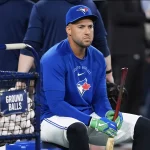 Mar 27, 2026; Toronto, Ontario, CAN; Toronto Blue Jays right fielder George Springer (4) sits during batting practice before a game against the Athletics at Rogers Centre. Mandatory Credit: Nick Turchiaro-Imagn Images