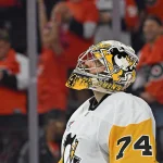 Apr 22, 2026; Philadelphia, Pennsylvania, USA; Pittsburgh Penguins goaltender Stuart Skinner (74) reacts against the Philadelphia Flyers during the third period in game three of the first round of the 2026 Stanley Cup Playoffs at Xfinity Mobile Arena. Mandatory Credit: Eric Hartline-Imagn Images
