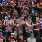 Jun 6, 2025; Edmonton, Alberta, CAN; Edmonton Oilers fans reacts during the third period in game two of the 2025 Stanley Cup Final at Rogers Place. Mandatory Credit: Walter Tychnowicz-Imagn Images
