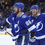 Apr 21, 2026; Tampa, Florida, USA; Tampa Bay Lightning right wing Nikita Kucherov (86) reacts after scoring a goal against the Montreal Canadiens in the third period during game two of the first round of the 2026 Stanley Cup Playoffs at Benchmark International Arena.