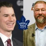 Coyotes general manger John Chayka smiles during his introductory press conference in 2016 (left) and Former Canucks GM Mike Gillis (right)