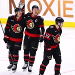Apr 7, 2026; Ottawa, Ontario, CAN; Ottawa Senators defenseman Jake Sanderson (85) celebrates scoring with left wing Brady Tkachuk (7) against the Tampa Bay Lightning during the third period at Canadian Tire Centre.