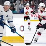 Apr 2, 2026; San Jose, California, USA; Toronto Maple Leafs defenseman Morgan Rielly (44) looks to pass the puck during the first period against the San Jose Sharks at SAP Center at San Jose. Mandatory Credit: Stan Szeto-Imagn ImagesApr 12, 2026; Newark, New Jersey, USA; Ottawa Senators center Ridly Greig (71) controls the puck against the New Jersey Devils during the third period at Prudential Center. Mandatory Credit: John Jones-Imagn Images