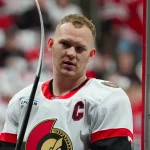 Apr 20, 2026; Raleigh, North Carolina, USA; Ottawa Senators left wing Brady Tkachuk (7) comes off the ice after the warmups before the game against the Carolina Hurricanes in game two of the first round of the 2026 Stanley Cup Playoffs at Lenovo Center.