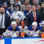 Dec 13, 2025; Toronto, Ontario, CAN; Edmonton Oilers head coach Kris Knoblauch watches the play against the Toronto Maple Leafs during the third period at Scotiabank Arena.