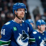 Apr 14, 2026; Vancouver, British Columbia, CAN; Vancouver Canucks forward Elias Pettersson (40) during a stop in play against the Los Angeles Kings in the third period at Rogers Arena.