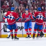26 avril 2026 ; Montréal, Québec, Canada ; L\'ailier droit des Canadiens de Montréal, Zachary Bolduc (76), célèbre son but contre le Lightning de Tampa Bay avec ses coéquipiers au cours de la deuxième période du quatrième match du premier tour des séries éliminatoires de la Coupe Stanley 2026, au Centre Bell.