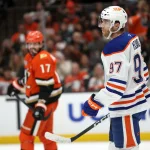 Apr 24, 2026; Anaheim, California, USA; Edmonton Oilers center Connor McDavid (97) looks on after scoring a a power play goal during the third period against the Anaheim Ducks in game three of the first round of the 2026 Stanley Cup Playoffs at Honda Center.