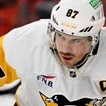 Apr 25, 2026; Philadelphia, Pennsylvania, USA; Pittsburgh Penguins center Sidney Crosby (87) against the Philadelphia Flyers during the first period in game four of the first round of the 2026 Stanley Cup Playoffs at Xfinity Mobile Arena.