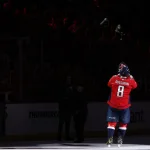 Apr 12, 2026; Washington, District of Columbia, USA; Washington Capitals left wing Alex Ovechkin (8) salutes the fans after being named number one star of the game against the Pittsburgh Penguins in the Capitals\' season home finale at Capital One Arena.