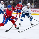 4 avril 2024 ; Montréal, Québec, Canada ; Brendan Gallagher (11), l\'ailier droit des Canadiens de Montréal, tire au but face au Lightning de Tampa Bay lors de la première période au Centre Bell.