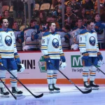 Mar 5, 2026; Pittsburgh, Pennsylvania, USA; Buffalo Sabres starting line-up including right wing Josh Doan (91) and defenseman Mattias Samuelsson (23) and center Noah Ostlund (86) and center Josh Norris (9) and defenseman Rasmus Dahlin (26) stand for the national anthem against the Pittsburgh Penguins at PPG Paints Arena. Mandatory Credit: Charles LeClaire-Imagn Images