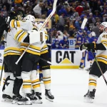 Apr 28, 2026; Buffalo, New York, USA; The Boston Bruins celebrate a win in overtime against the Buffalo Sabres in game five of the first round of the 2026 Stanley Cup Playoffs at KeyBank Center.