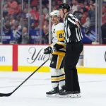 Apr 29, 2026; Philadelphia, Pennsylvania, USA; Pittsburgh Penguins center Sidney Crosby (87) reacts against the Philadelphia Flyers in the first period in game six of the first round of the 2026 Stanley Cup Playoffs at Xfinity Mobile Arena