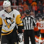 Apr 22, 2026; Philadelphia, Pennsylvania, USA; (Editors Notes: Caption Correction) Pittsburgh Penguins center Evgeni Malkin (71) skates off the ice after loss to the Philadelphia Flyers in game three of the first round of the 2026 Stanley Cup Playoffs at Xfinity Mobile Arena.