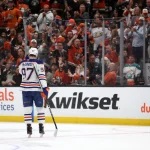 Apr 24, 2026; Anaheim, California, USA; Edmonton Oilers center Connor McDavid (97) heads to a penalty box during the third period against the Anaheim Ducks in game three of the first round of the 2026 Stanley Cup Playoffs at Honda Center.