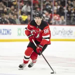 Apr 9, 2026; Newark, New Jersey, USA; New Jersey Devils center Jack Hughes (86) skates with the puck against the Pittsburgh Penguins during the second period at Prudential Center.