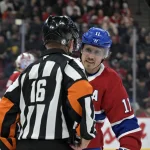 Feb 27, 2025; Montreal, Quebec, CAN; Montreal Canadiens forward Brendan Gallagher (11) talks with referee Brian Pochmara (16) during the first period of the game against the San Jose Sharks at the Bell Centre. Mandatory Credit: Eric Bolte-Imagn Images