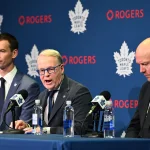 Maple Leafs press conference takes sharp dramatic turn after John Chayka criticism May 4, 2026; Toronto, Ontario, CANADA; Maple Leafs Sports and Entertainment CEO Keith Pelley answers media questions between Toronto Maple Leafs general manager John Chayka (left) and senior executive advisor Mats Sundin during an introductory news conference at Real Sports Bar and Grill. Mandatory Credit: Dan Hamilton-Imagn Images