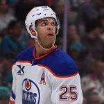 Apr 8, 2026; San Jose, California, USA; Edmonton Oilers defenseman Darnell Nurse (25) looks up at the scoreboard during a break in the action against the San Jose Sharks during the second period at SAP Center at San Jose. Mandatory Credit: David Gonzales-Imagn Images
