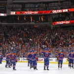 Apr 28, 2026; Edmonton, Alberta, CAN; The Edmonton Oilers celebrate a 4-1 win over the Anaheim Ducks in game five of the first round of the 2026 Stanley Cup Playoffs at Rogers Place.