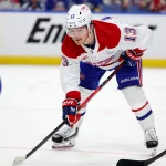 May 6, 2026; Buffalo, New York, USA; Montréal Canadiens right wing Cole Caufield (13) waits for the face-off during the third period against the Buffalo Sabres in game one of the second round of the 2026 Stanley Cup Playoffs at KeyBank Center. Mandatory Credit: Timothy T. Ludwig-Imagn Images