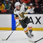 May 8, 2026; Anaheim, California, USA; Vegas Golden Knights right wing Mitch Marner (93) moves the puck against the Anaheim Ducks during the first period in game three of the second round of the 2026 Stanley Cup Playoffs at Honda Center. Mandatory Credit: Gary A. Vasquez-Imagn Images