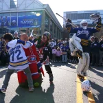 May 8, 2026; Buffalo, New York, USA; Fans gather outside KeyBank Center before a game between the Buffalo Sabres and the Montréal Canadiens in game two of the second round of the 2026 Stanley Cup Playoffs at KeyBank Center. Mandatory Credit: Timothy T. Ludwig-Imagn Images