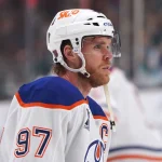 Apr 8, 2026; San Jose, California, USA; Edmonton Oilers center Connor McDavid (97) warms up before the game against the San Jose Sharks at SAP Center at San Jose. Mandatory Credit: David Gonzales-Imagn Images