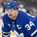 Mar 15, 2025; Toronto, Ontario, CAN; Toronto Maple Leafs forward Auston Matthews (34) waits for a face-off against the Ottawa Senators in the third period at Scotiabank Arena. Mandatory Credit: Dan Hamilton-Imagn Images