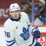 Apr 15, 2026; Ottawa, Ontario, CAN; Toronto Maple Leafs defenseman Willam Villeneuve (76) skates in the first period against the Ottawa Senators at the Canadian Tire Centre. Mandatory Credit: Marc DesRosiers-IMAGN Images