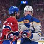 May 12, 2026; Montreal, Quebec, CAN; Montreal Canadiens forward Josh Anderson (17) lloks at Buffalo Sabres defenseman Rasmus Dahlin (26)after Dahlin complains of getting a high stick and a cut during the second period in game four of the second round of the 2026 Stanley Cup Playoffs at Bell Centre. Mandatory Credit: Eric Bolte-Imagn Images