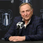Apr 24, 2026; Salt Lake City, Utah, USA; NHL commissioner Gary Bettman speaks to the media before game three of the first round of the 2026 Stanley Cup Playoffs between the Utah Mammoth and the Vegas Golden Knights at Delta Center.