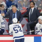 Sep 21st, 2025; Ottawa, Ontario, CAN; Toronto Maple Leafs head coach Craig Berube speaks with right wing Easton Cowan (53) in the third period against the Ottawa Senators at the Canadian Tire Centre. Mandatory Credit: Marc DesRosiers-IMAGN Images