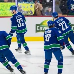 Dec 1, 2022; Vancouver, British Columbia, CAN; Vancouver Canucks forward Ilya Mikheyev (65) and forward Elias Pettersson (40) and defenseman Oliver Ekman-Larsson (23) and defenseman Quinn Hughes (43) all wearing Henrik and Daniel Sedin jerseys in warm up as part of the Canucks tribute to the Sedins Hall of Fame recognition ceremony to be held prior to a game against the Florida Panthers at Rogers Arena. Mandatory Credit: Bob Frid-Imagn Images