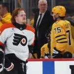 Apr 20, 2026; Pittsburgh, Pennsylvania, USA; Philadelphia Flyers right wing Owen Tippett (74) leaves the ice with a bloody nose after a scrum against the Pittsburgh Penguins during the third period in game two of the first round of the 2026 Stanley Cup Playoffs at PPG Paints Arena. Mandatory Credit: Charles LeClaire-Imagn Images