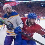 May 12, 2026; Montreal, Quebec, CAN; Montreal Canadiens defenseman Noah Dobson (53) checks Buffalo Sabres forward Josh Norris (9) during the second period in game four of the second round of the 2026 Stanley Cup Playoffs at Bell Centre. Mandatory Credit: Eric Bolte-Imagn Images