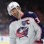 Mar 24, 2026; Philadelphia, Pennsylvania, USA; Columbus Blue Jackets center Boone Jenner (38) reacts against the Philadelphia Flyers in the second period at Xfinity Mobile Arena. Mandatory Credit: Kyle Ross-Imagn Images