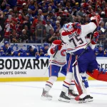 May 18, 2026; Buffalo, New York, USA; The Montréal Canadiens celebrate a win in overtime against the Buffalo Sabres in game seven of the second round of the 2026 Stanley Cup Playoffs at KeyBank Center.