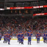 Apr 28, 2026; Edmonton, Alberta, CAN; The Edmonton Oilers celebrate a 4-1 win over the Anaheim Ducks in game five of the first round of the 2026 Stanley Cup Playoffs at Rogers Place.