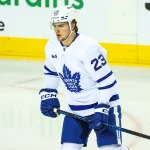 Feb 2, 2026; Calgary, Alberta, CAN; Toronto Maple Leafs left wing Matthew Knies (23) skates during the warmup period against the Calgary Flames at Scotiabank Saddledome. Mandatory Credit: Sergei Belski-Imagn Images