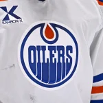 May 29, 2025; Dallas, Texas, USA; A view of the logo of the Edmonton Oilers on the jersey of goaltender Stuart Skinner (74) during the game between the Dallas Stars and the Edmonton Oilers in game five of the Western Conference Final of the 2025 Stanley Cup Playoffs at American Airlines Center.