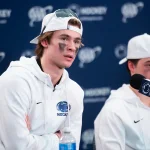 Penn State\'s Gavin McKenna, left, answers a question during a post-game press conference following a Big Ten hockey game against Michigan State at Beaver Stadium on January 31, 2026, in State College.