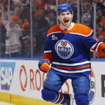 Apr 28, 2026; Edmonton, Alberta, CAN; Edmonton Oilers forward Vasily Podkolzin (92) celebrates after scoring a goal during the first period against the Anaheim Ducks in game five of the first round of the 2026 Stanley Cup Playoffs at Rogers Place.