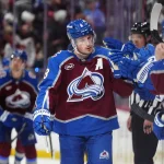May 3, 2026; Denver, Colorado, USA; Colorado Avalanche defenseman Cale Makar (8) celebrates his goal scored against the Minnesota Wild during the third period in game one of the second round of the 2026 Stanley Cup Playoffs at Ball Arena. Mandatory Credit: Ron Chenoy-Imagn Images