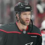 May 21, 2026; Raleigh, North Carolina, USA; Carolina Hurricanes left wing Taylor Hall (71) looks on during warmups before game one of the Eastern Conferene Final against the Montreal Canadiens of the 2026 Stanley Cup Playoffs at Lenovo Center. Mandatory Credit: James Guillory-Imagn Images