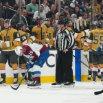 May 24, 2026; Las Vegas, Nevada, USA; Colorado Avalanche center Nathan MacKinnon (29) heads back to the bench after an injury during the second period against the Vegas Golden Knights in game three of the Western Conference Final of the 2026 Stanley Cup Playoffs at T-Mobile Arena. Mandatory Credit: Stephen R. Sylvanie-Imagn Images