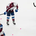 May 26, 2026; Las Vegas, Nevada, USA; Colorado Avalanche defenseman Cale Makar (8) reacts to the loss against the Vegas Golden Knights in game four of the Western Conference Final of the 2026 Stanley Cup Playoffs at T-Mobile Arena. Mandatory Credit: Stephen R. Sylvanie-Imagn Images